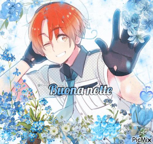a picture of a boy with blue flowers and the words buona notte