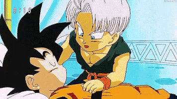a cartoon of a boy putting his hand on a man 's face .