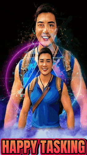 a poster that says happy tasking with a picture of a man