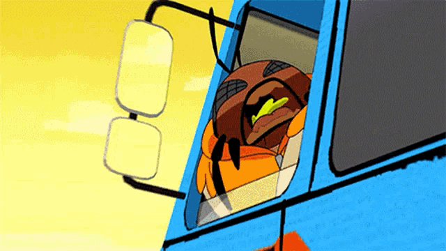 a cartoon of a bug with a hamburger in its mouth driving a blue truck