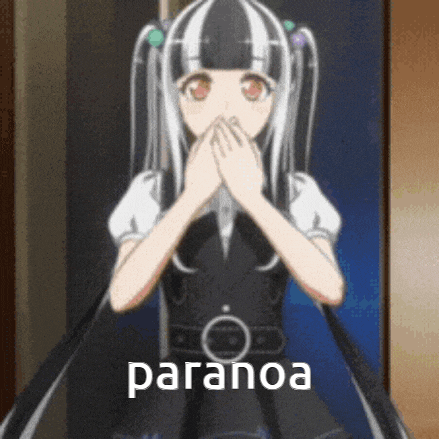 a black and white anime girl is covering her mouth with her hands and the word paranoa is on the bottom .