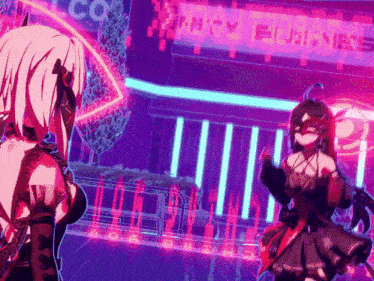 two anime girls are dancing in front of a sign that says infinity