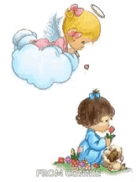 a little girl is kneeling in front of an angel who is flying in the sky .
