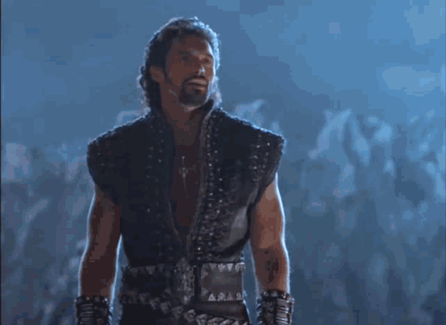 a man with a beard is wearing a leather vest