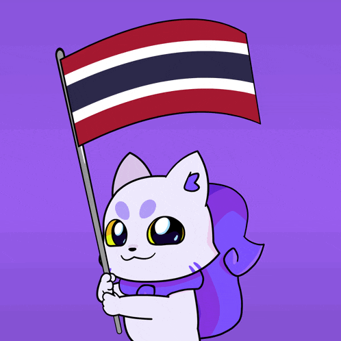 a cartoon cat holding a flag with the letter b on its head
