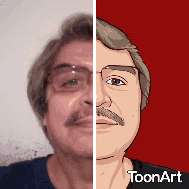 a man with glasses and a mustache is next to a cartoon drawing of him