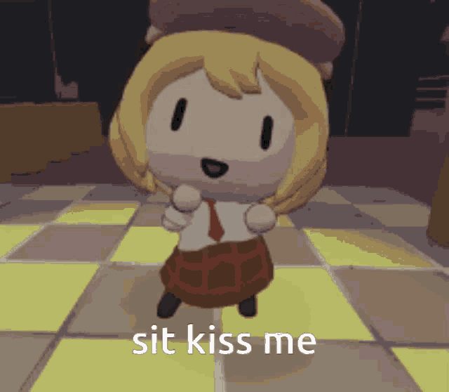a cartoon character is standing on a checkered floor and says sit kiss me