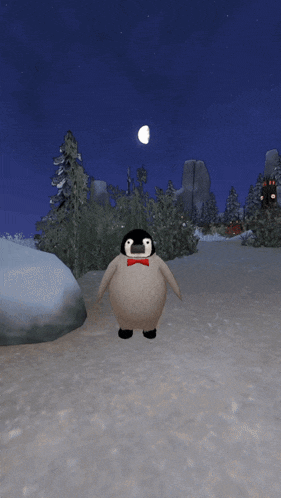 a penguin wearing a red bow tie is standing in the snow with the words " this is mr. penguin " above it