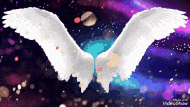 a video showing a pair of white angel wings
