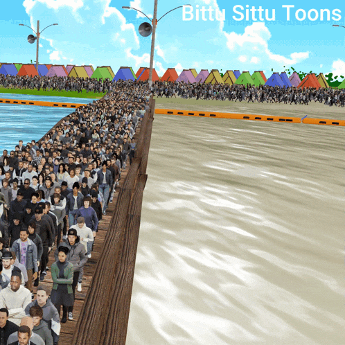 a large crowd of people walking across a bridge with the words bitty sittu toons written above them