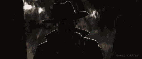 a man wearing a cowboy hat and a trench coat is standing in the dark .