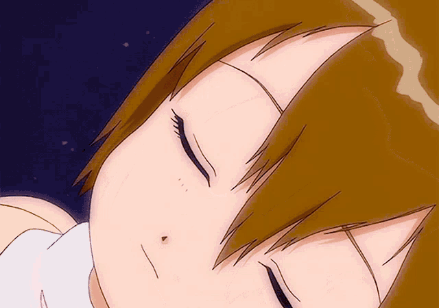 a close up of a cartoon character sleeping with her eyes closed