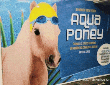 a horse wearing a swim cap and goggles stands in front of an aqua poney sign