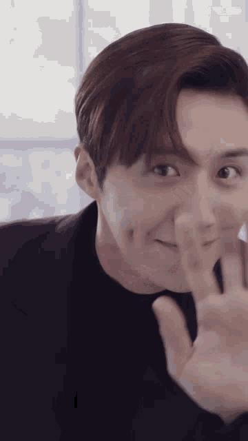a close up of a man making a face with his finger on his lips