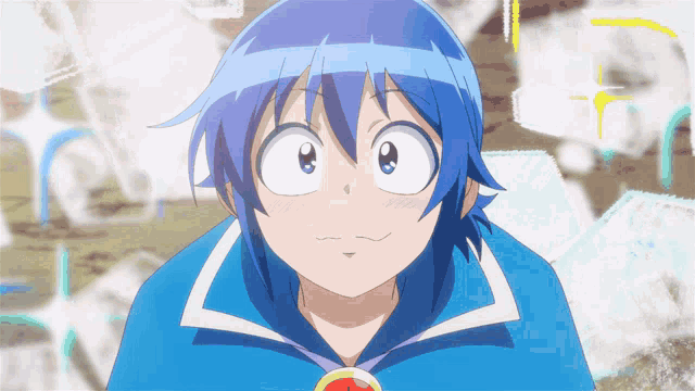 a cartoon character with blue hair and a blue jacket