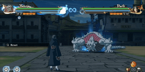 a video game with a character named itachi standing in front of a monster