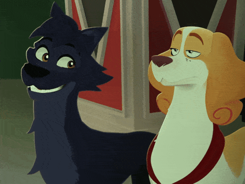 two cartoon dogs are standing next to each other and one has a sad look on his face