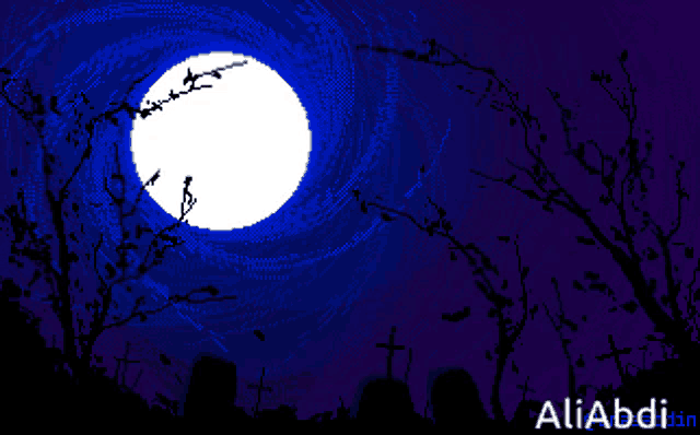a pixel art of a full moon behind a tree