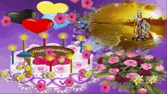 a birthday cake with flowers and balloons and a sign that says " happy birthday "