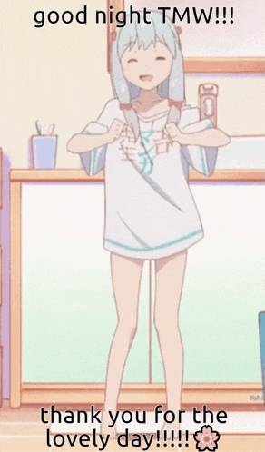 a girl in a t-shirt says good night tmw