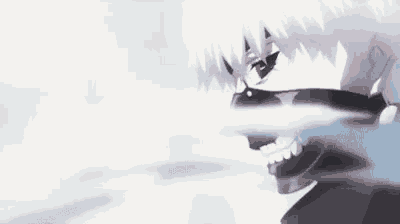 a close up of a person with red eyes and white hair holding a sword .