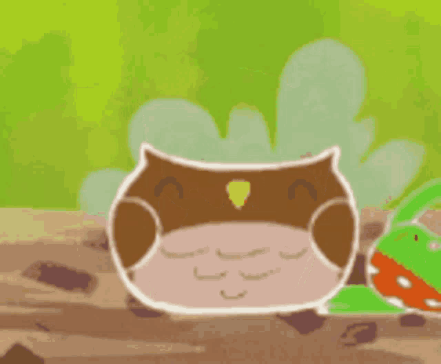 a cartoon owl is standing on a rock next to a green frog .