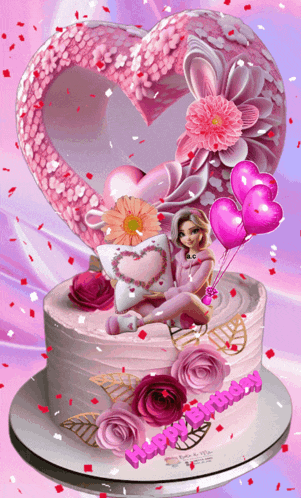 a birthday cake with a girl sitting on it and the words happy birthday