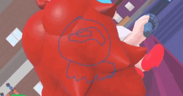 a red cartoon character has a blue drawing of a bird on his back