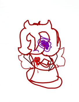 a drawing of a person with a purple eye and a red heart on their chest