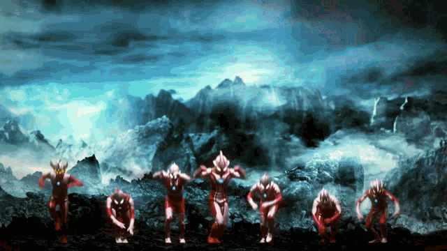 a group of cartoon characters are standing in front of a mountain range