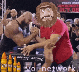 two men arm wrestling in front of a sign that says ' to host 2021 '