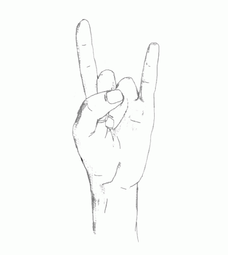 a black and white drawing of a hand making the horns sign