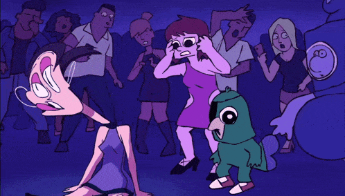 a cartoon drawing of a man laying on the ground in front of a crowd