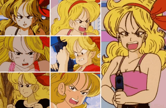 a collage of images of a girl with blonde hair and a red headband