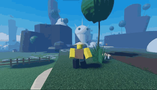 a roblox character is standing in a grassy field with a fence in the background