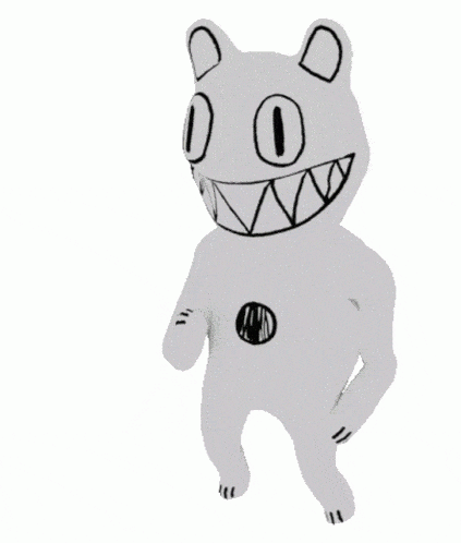 a white teddy bear with big teeth is standing on a white background .