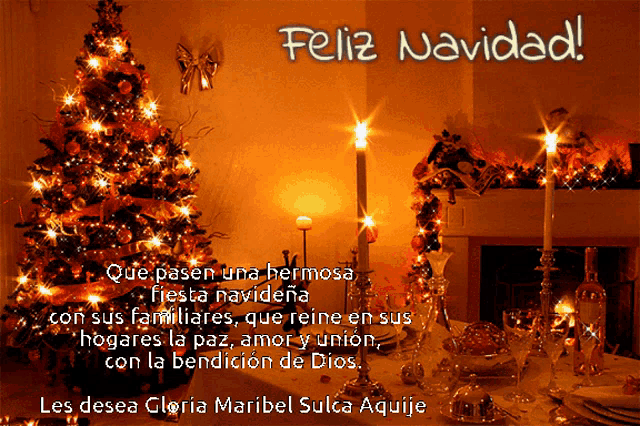 a christmas card with a christmas tree and candles with the words feliz navidad