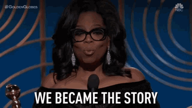 a woman speaking into a microphone with the words " we became the story "