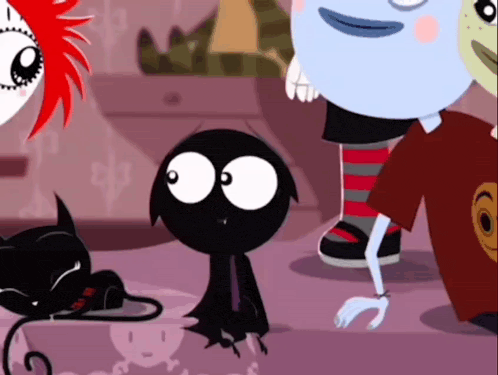 a group of cartoon characters are standing around a small black monster