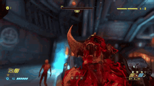 a video game screen shows a monster with a score of 5 to 0