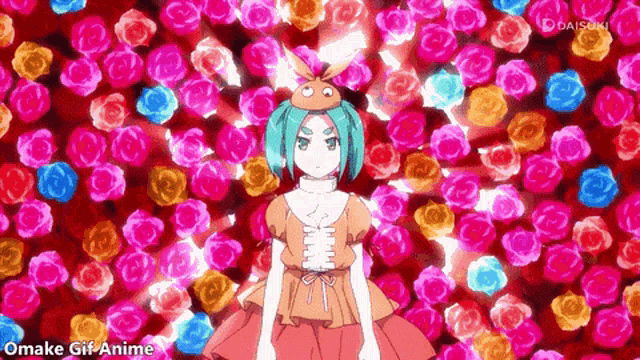 a girl with green hair is standing in front of a wall of pink roses .