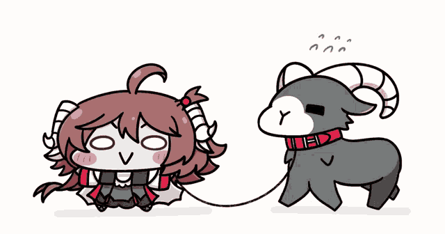 a cartoon drawing of a girl walking a goat on a leash