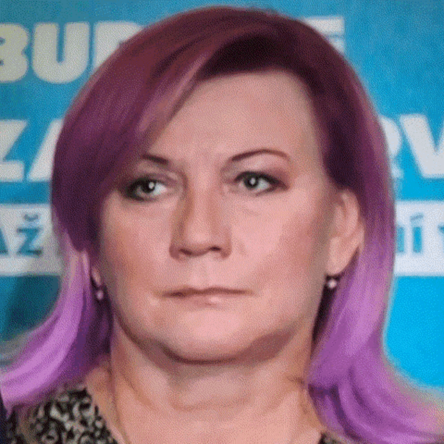 a woman with purple hair is standing in front of a blue banner .