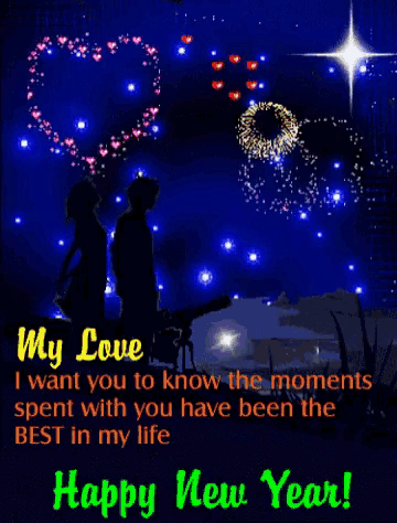 a happy new year greeting card with fireworks and a couple