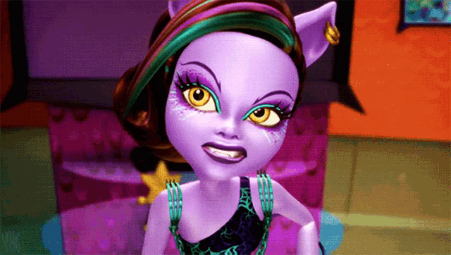 a monster high doll with purple hair and yellow eyes looks at the camera