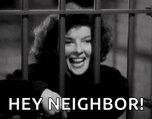a black and white photo of a woman behind bars with the words hey neighbor