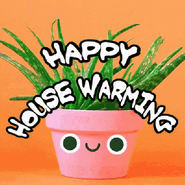 a pink potted plant with the words happy house warming written around it