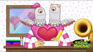a cartoon of two monsters holding a heart with the words mr. singing monsters written on the bottom