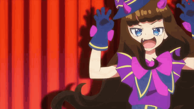 a girl in a purple outfit with a blue hat and gloves stands in front of a red curtain