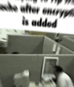a blurry picture of a man in a cubicle with the words " who after encrypt is added "